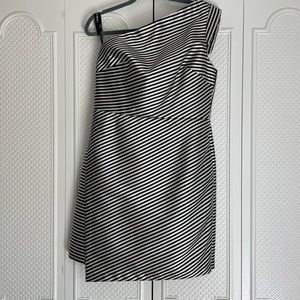 Phoebe one shoulder black and white stripe cocktail dress, size 10, EUC